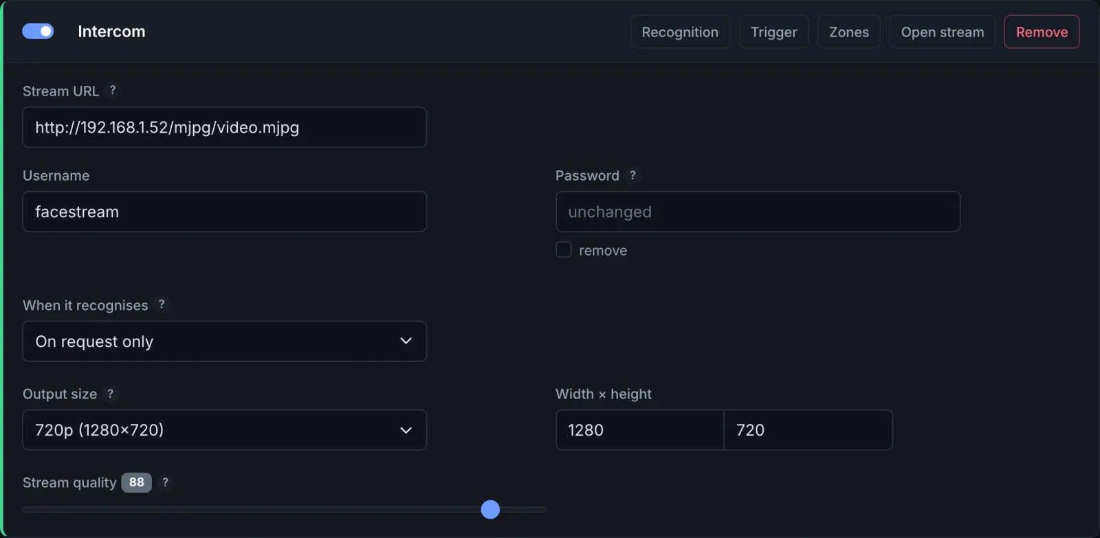 The camera card of the Intercom: MJPEG address, username, a saved password, On request only, 720p