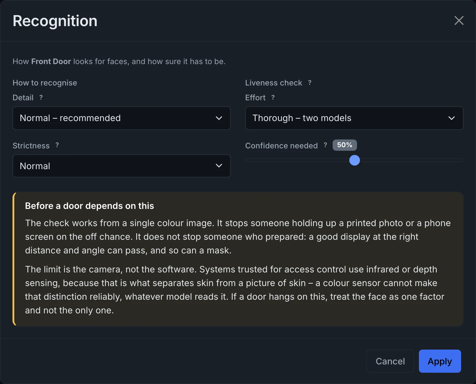 The Recognition dialog of a camera: Detail, Strictness, the liveness check with Effort and Confidence needed, and a note on its limits
