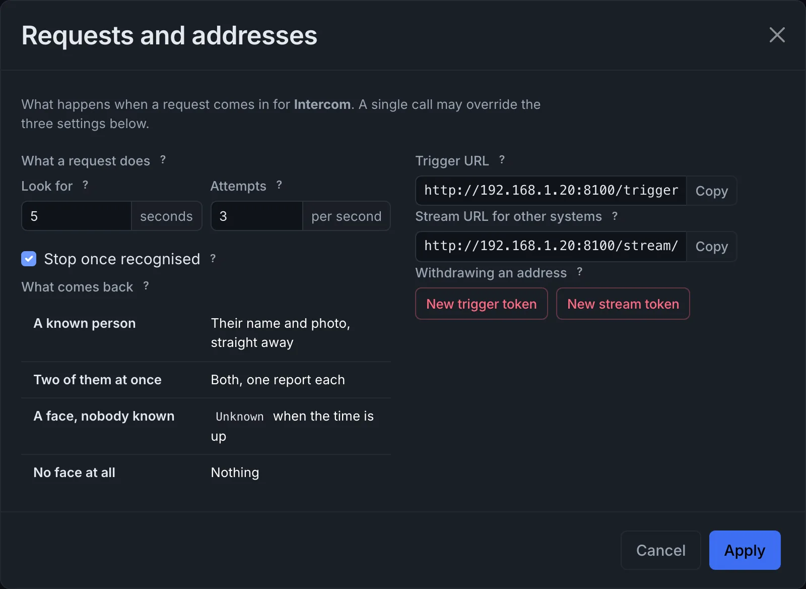 The Trigger dialog of the Intercom: look for 5 seconds, 3 attempts per second, stop once recognised, and the trigger URL