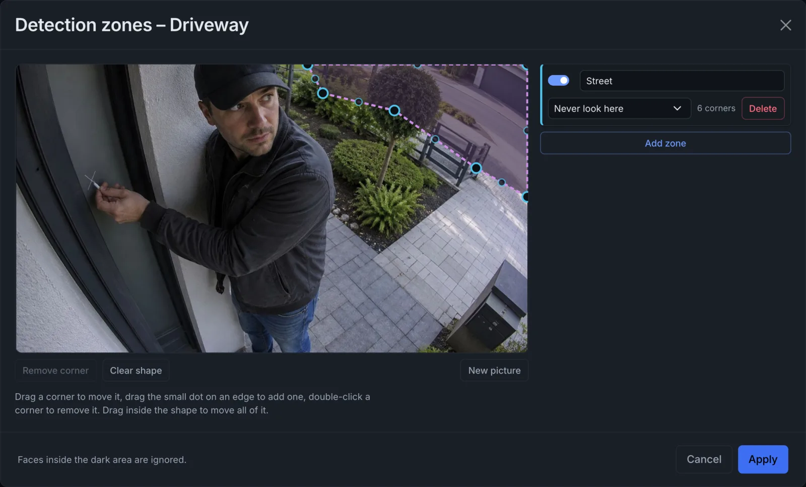The zone editor: the street in the top right corner of the driveway camera is marked Never look here
