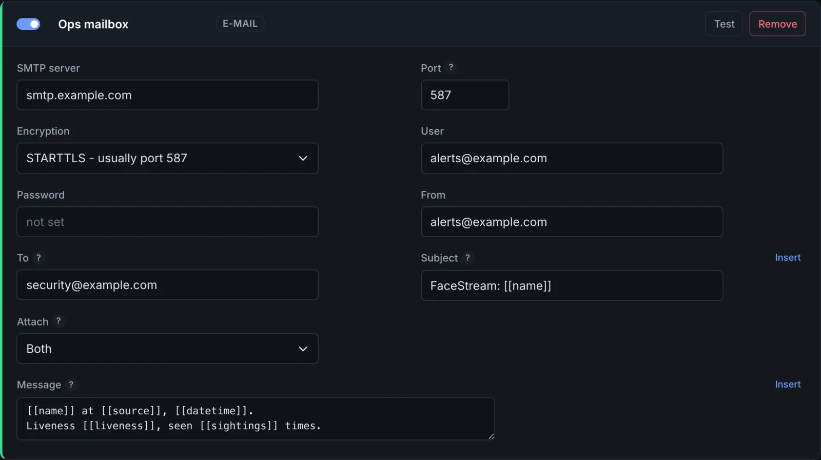 An e-mail connection: SMTP server, port, STARTTLS, sender, recipient, subject, both pictures attached, and a message with the liveness result and the number of sightings