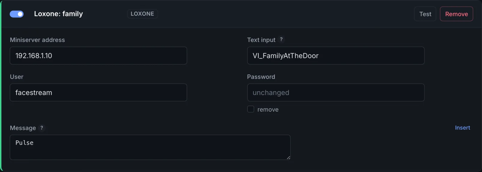 A second Loxone connection that sends Pulse to the virtual input VI_FamilyAtTheDoor