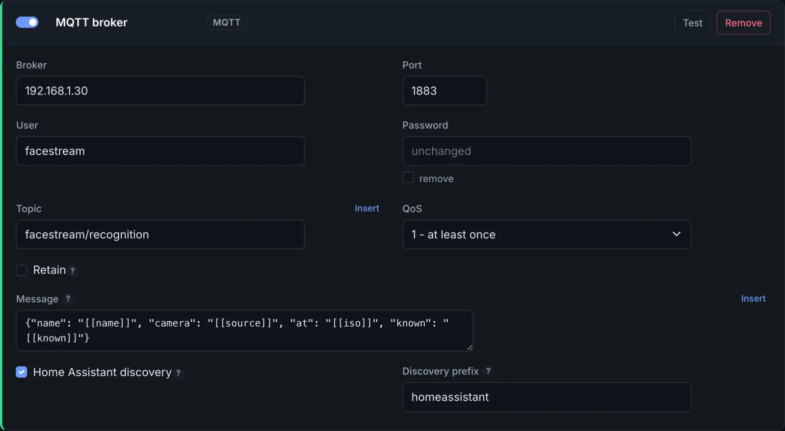 An MQTT connection with Home Assistant discovery ticked: broker, port, user, topic, QoS, message, discovery prefix