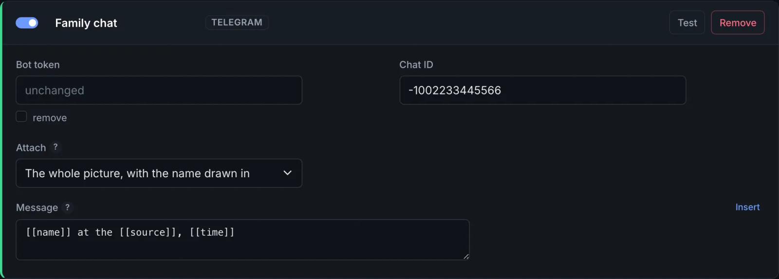 A Telegram connection: bot token, chat ID, which picture to attach, and the message