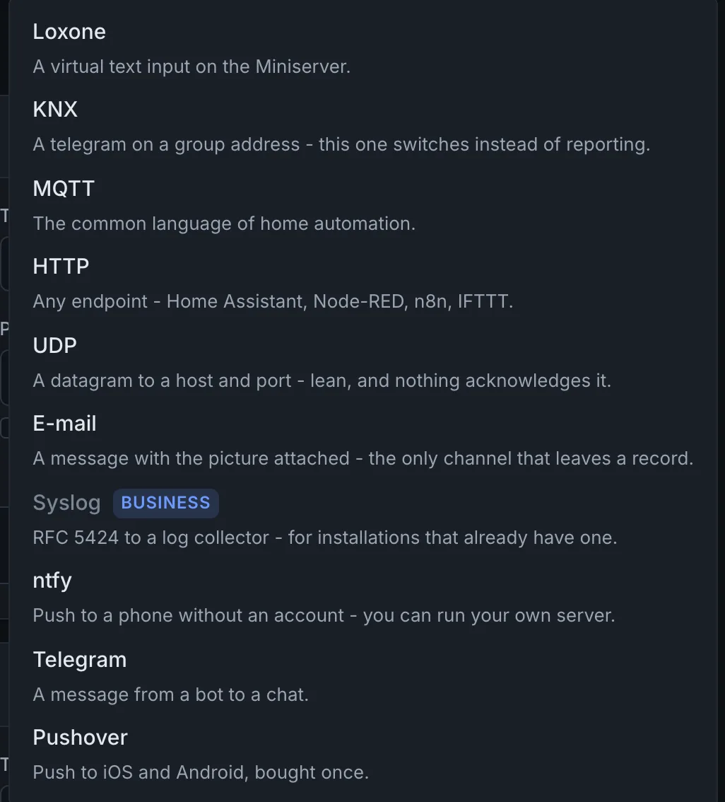 The list of connection types: Loxone, KNX, MQTT, HTTP, UDP, E-mail, Syslog, ntfy, Telegram and Pushover