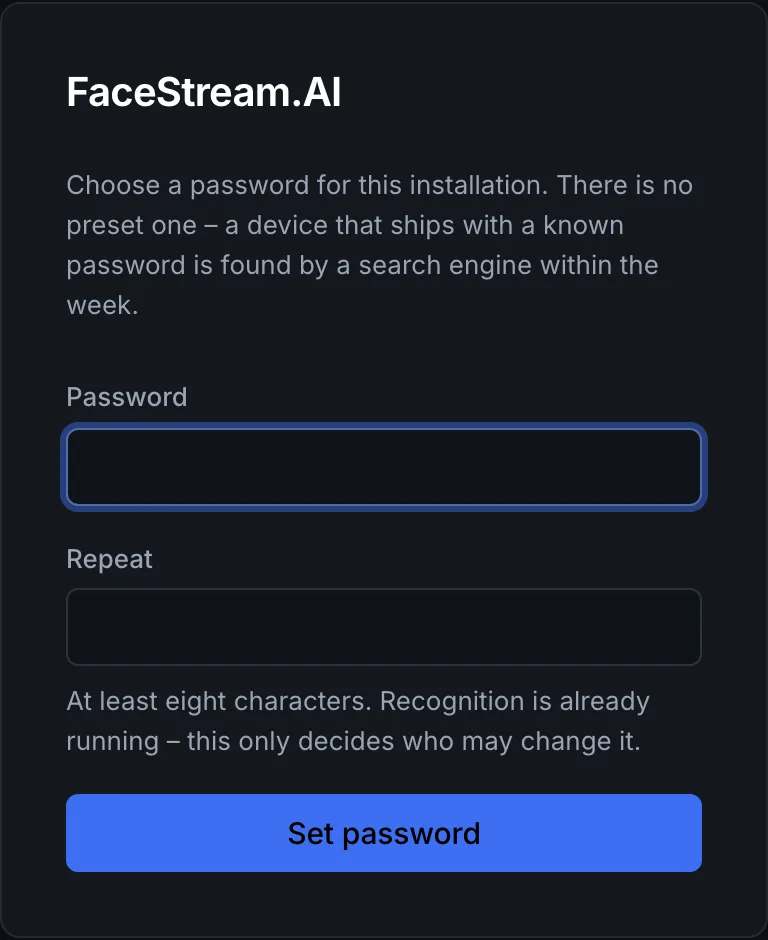 The first page asks you to choose a password for the installation