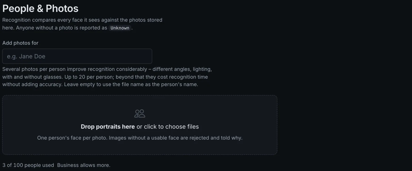 Adding photos: the name field, the field to drop photos on, and how many people the edition allows