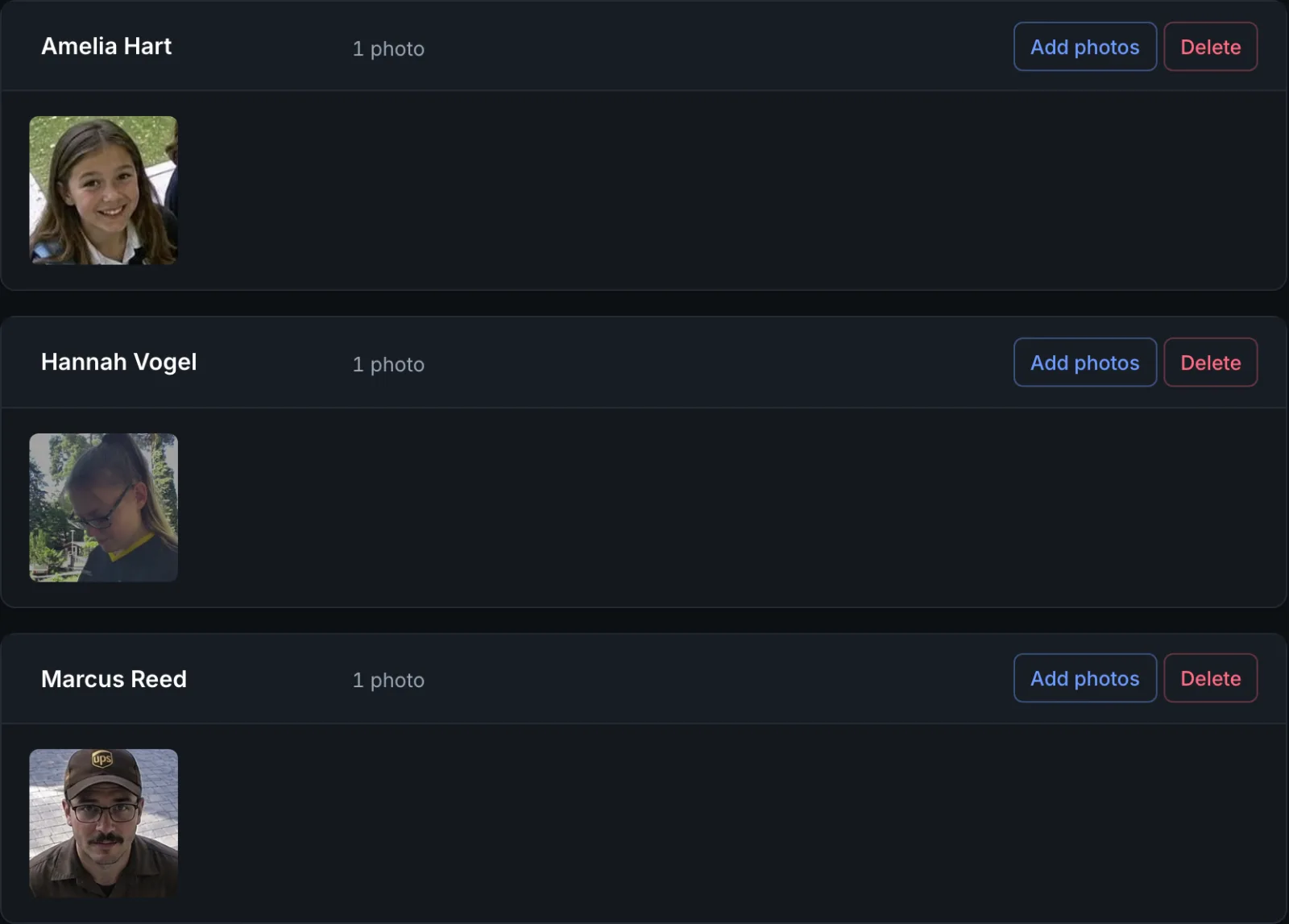 Everyone enrolled, each with their photos and buttons to add more or delete them