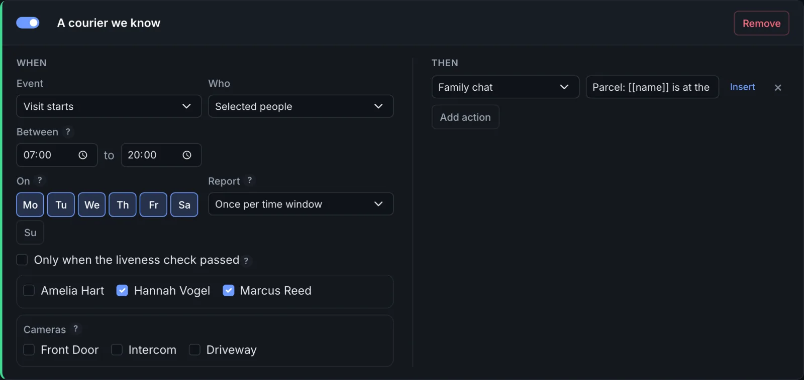 A rule for known couriers: weekdays and Saturday, 07:00 to 20:00, once per time window, a Telegram message with its own wording