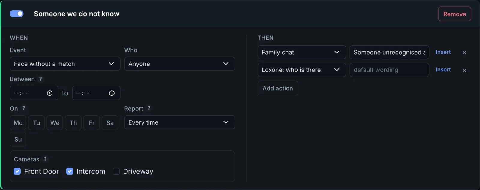 A rule for strangers at the doorbell: Face without a match at two cameras, a Telegram message with its own wording and the Loxone connection