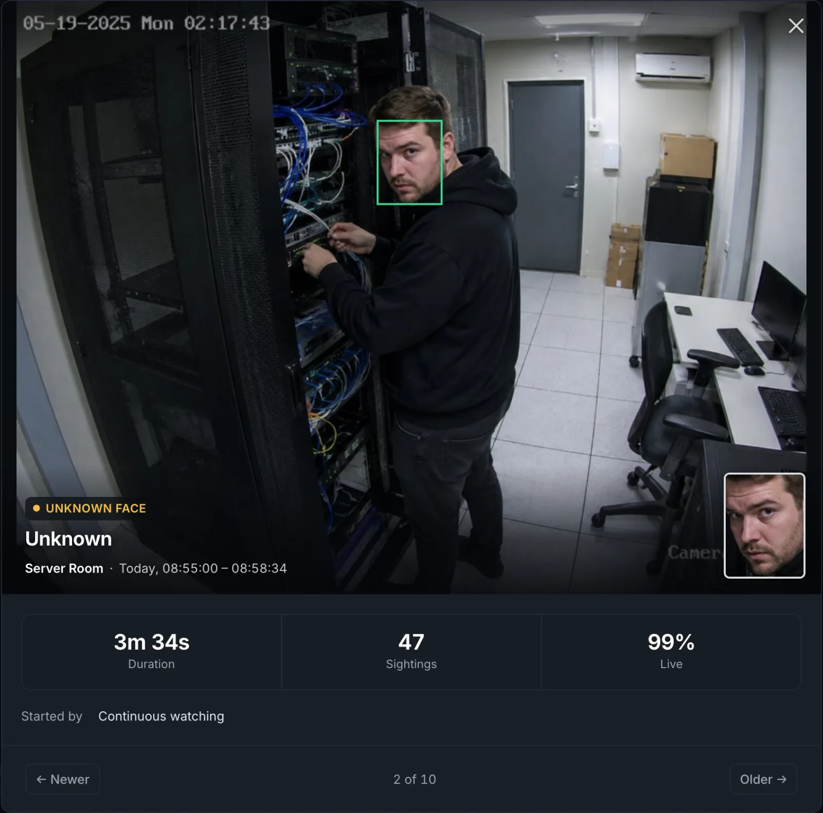 An unknown person at a server rack: the visit shows the whole picture, 3 minutes 34 seconds, 47 sightings