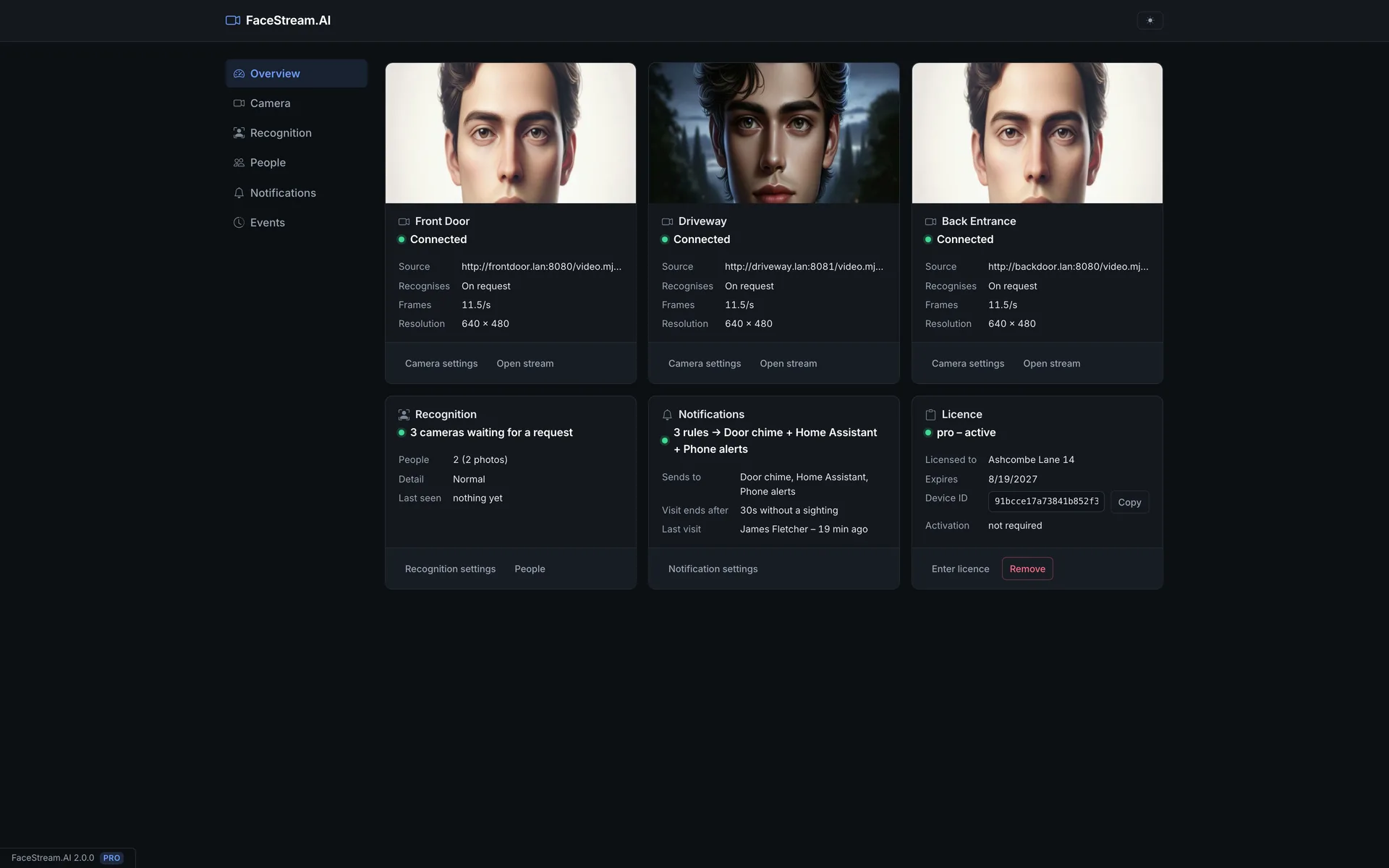 Overview with three connected cameras, recognition status and licence state