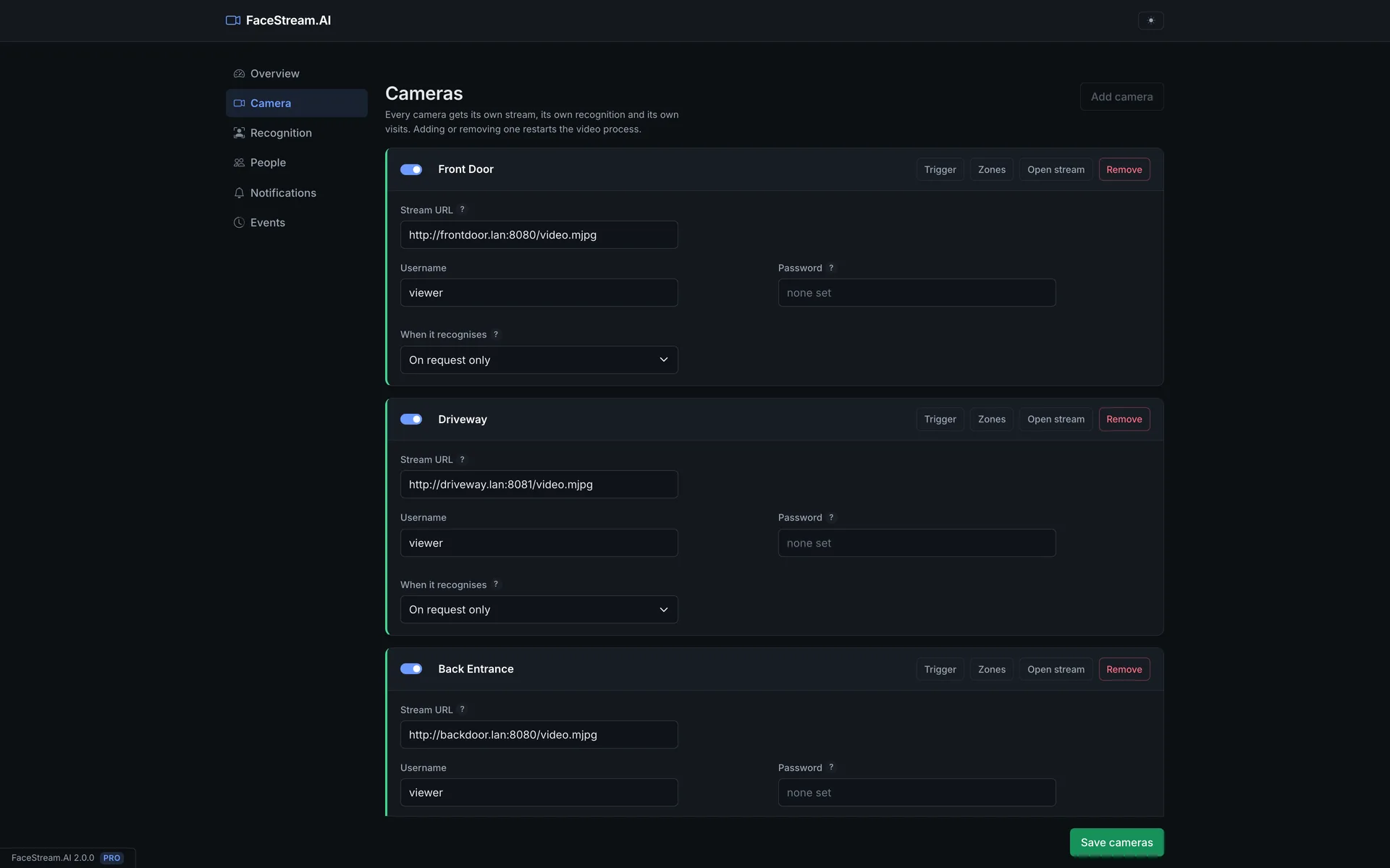 Camera settings with stream address, operating mode and detection zones