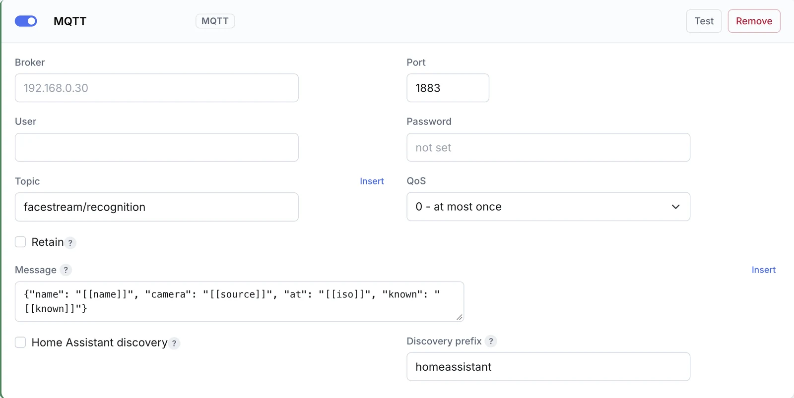 The Home Assistant discovery option in the FaceStream MQTT settings.