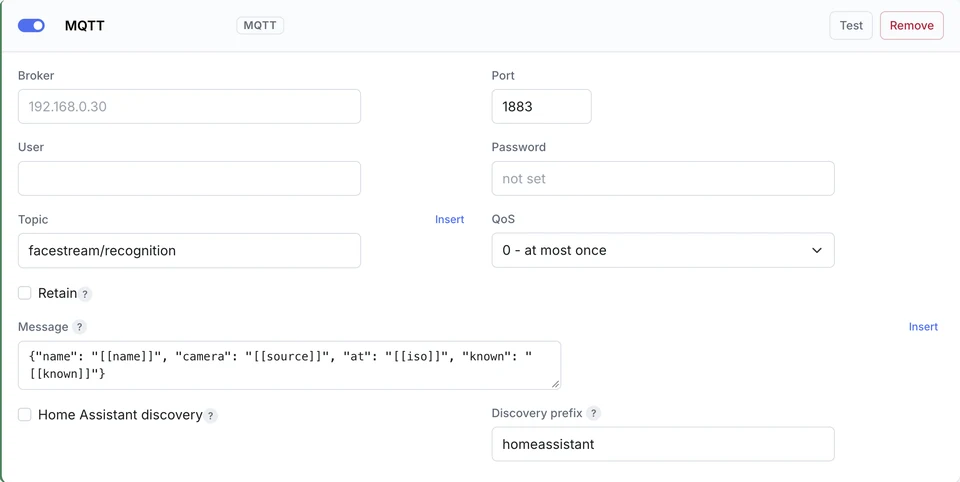 FaceStream MQTT connection with Home Assistant discovery enabled