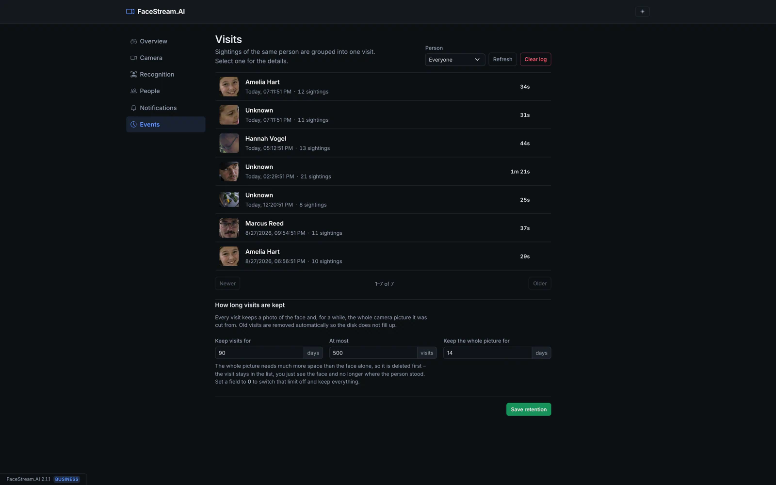 The visit list with retention settings underneath