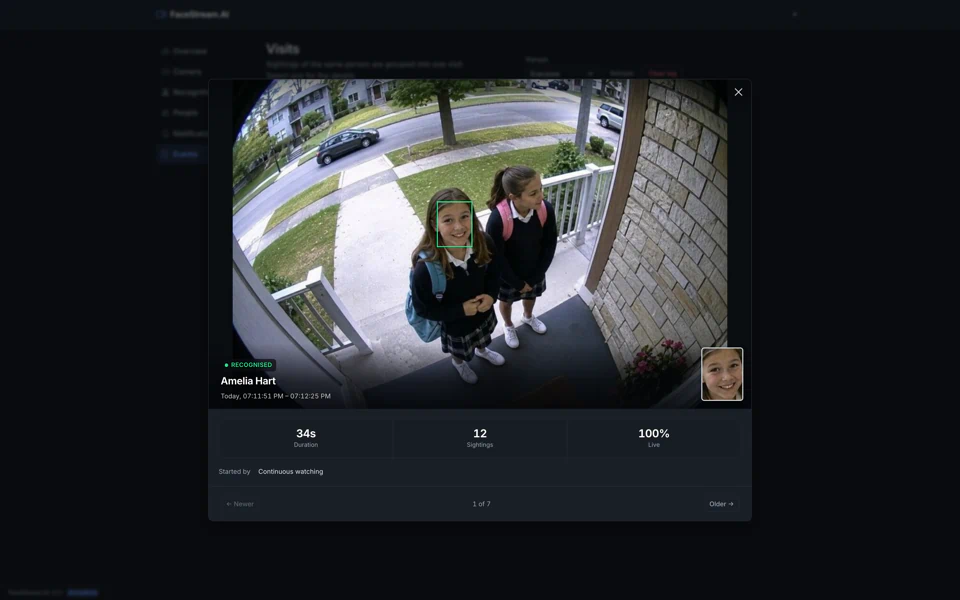 A real FaceStream visit with identity and camera context